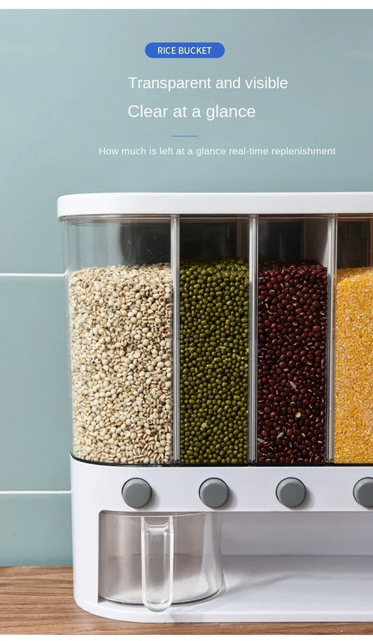 6 Grid Kitchen Dry Food Dispenser Beans, Grain, Rice And Cereals Sealed Storage Tank | Wall Mounted